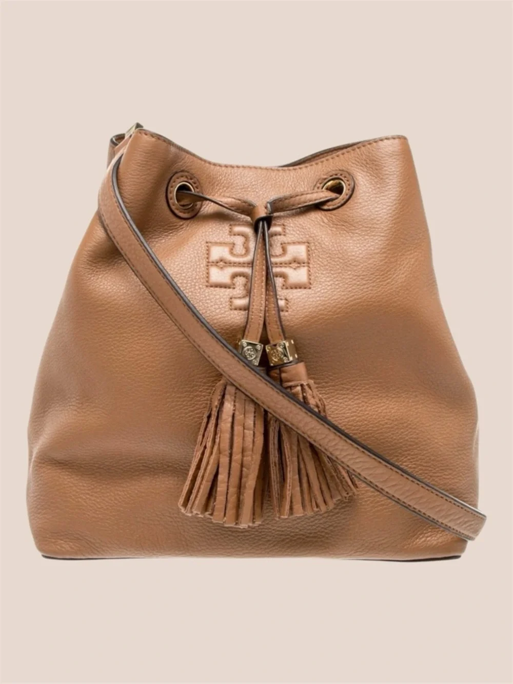Tory Burch Cognac Pebbled Leather Tassel Drawstring Crossbody
